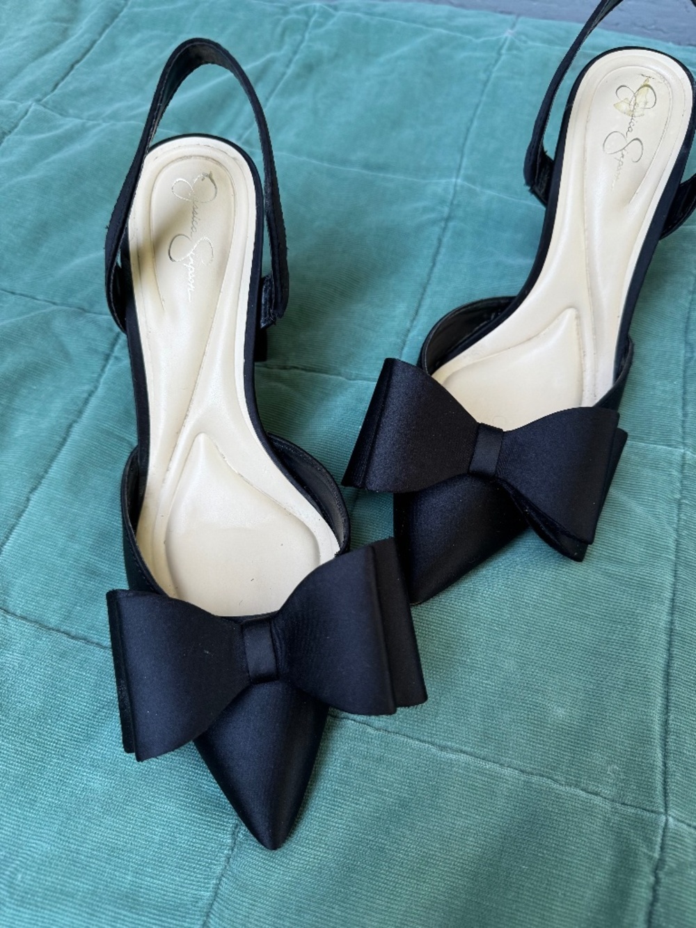 Black Satin Pumps Bow Sling Back Pointed Toe Block Heel Jessica Simpson 7.5M/38